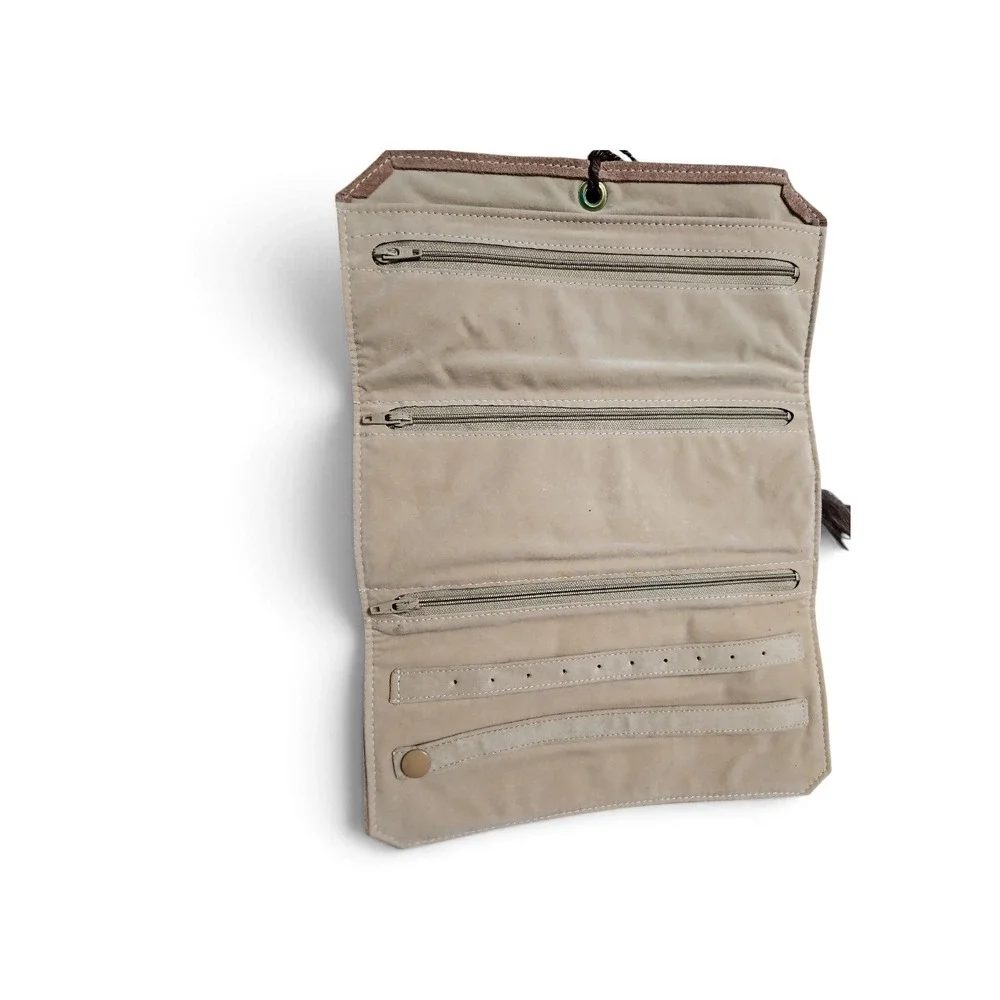 Vintage Tan Suede Jewelry Roll Travel Organizer Wrap Case Bohemian Brown